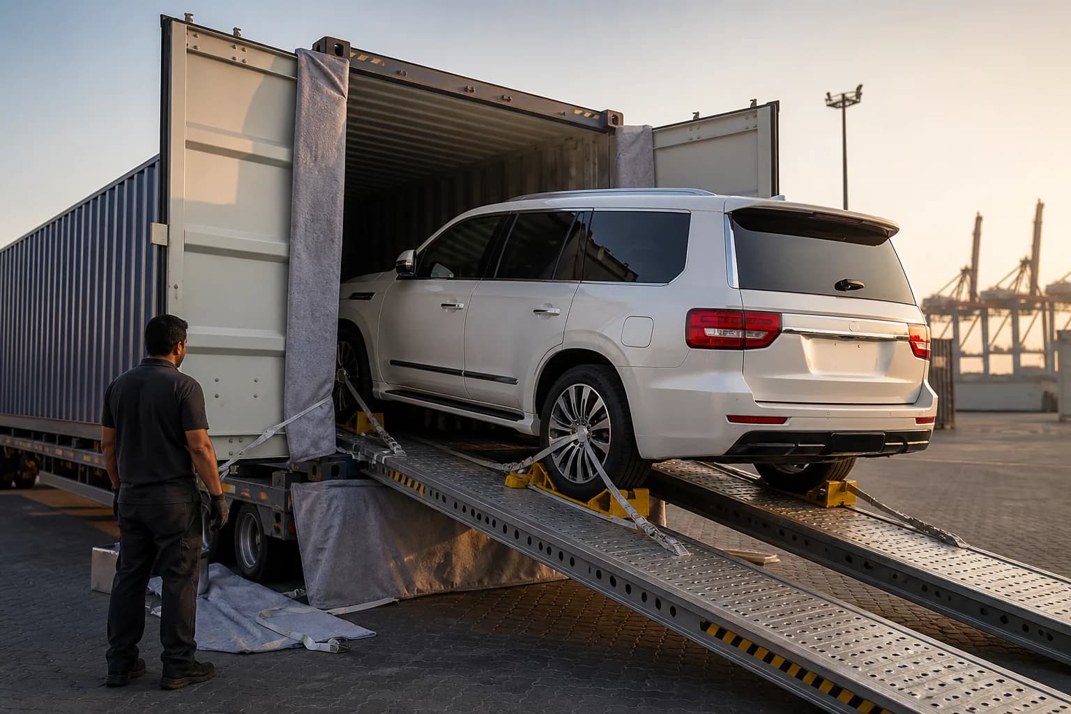 SUV secured for loading into an export container