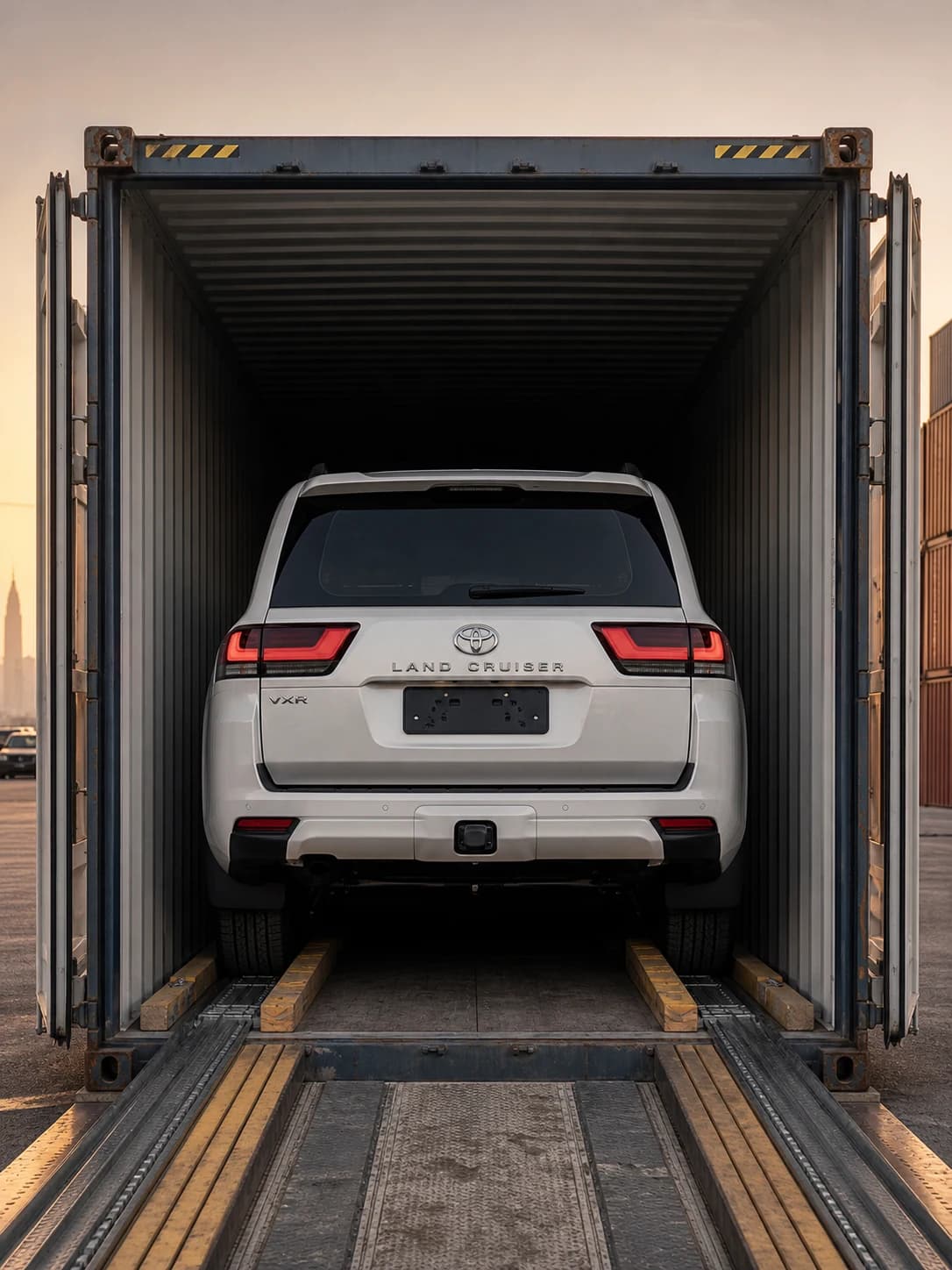 SUV prepared inside a shipping container