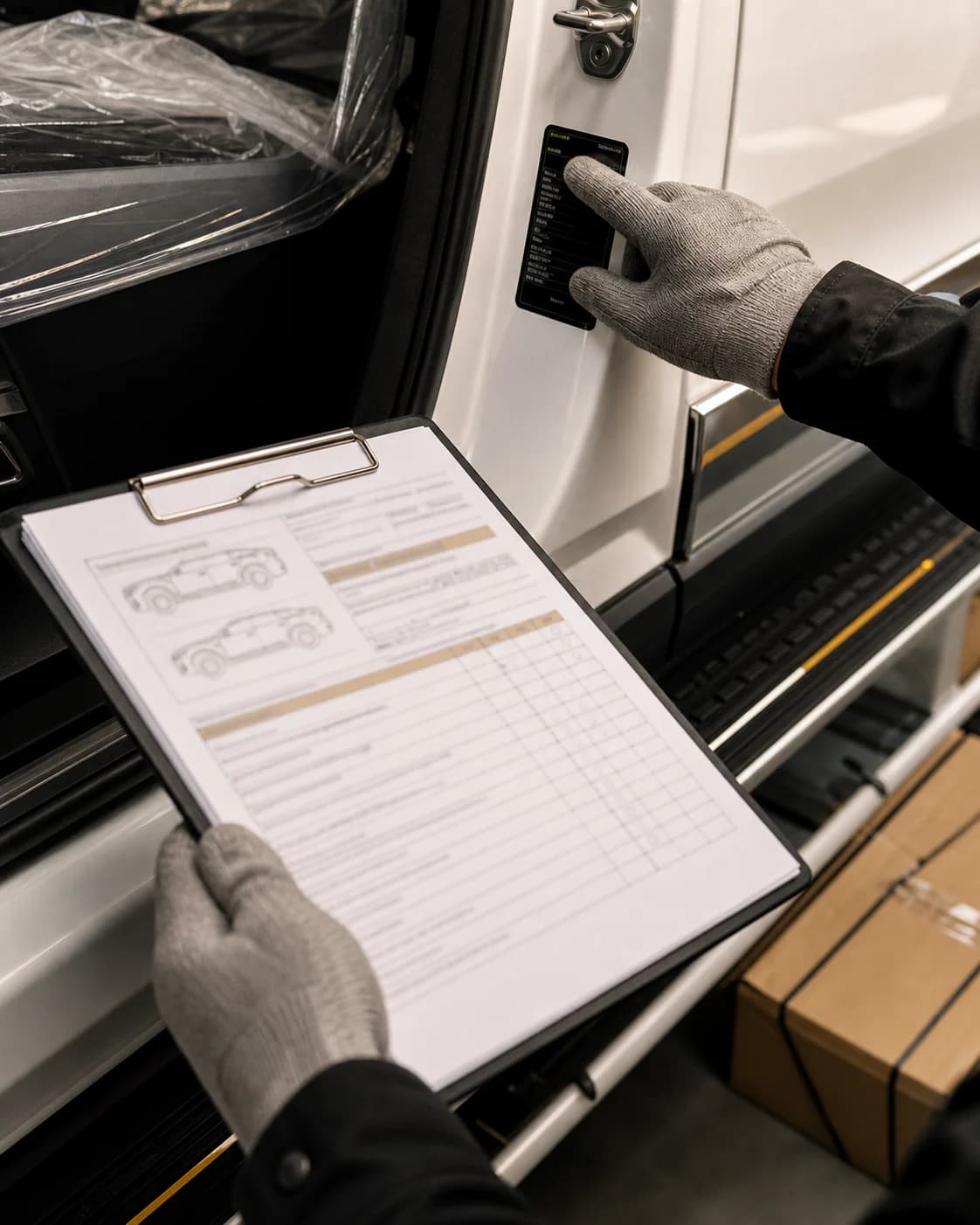 Export specialist verifying a vehicle identification plate