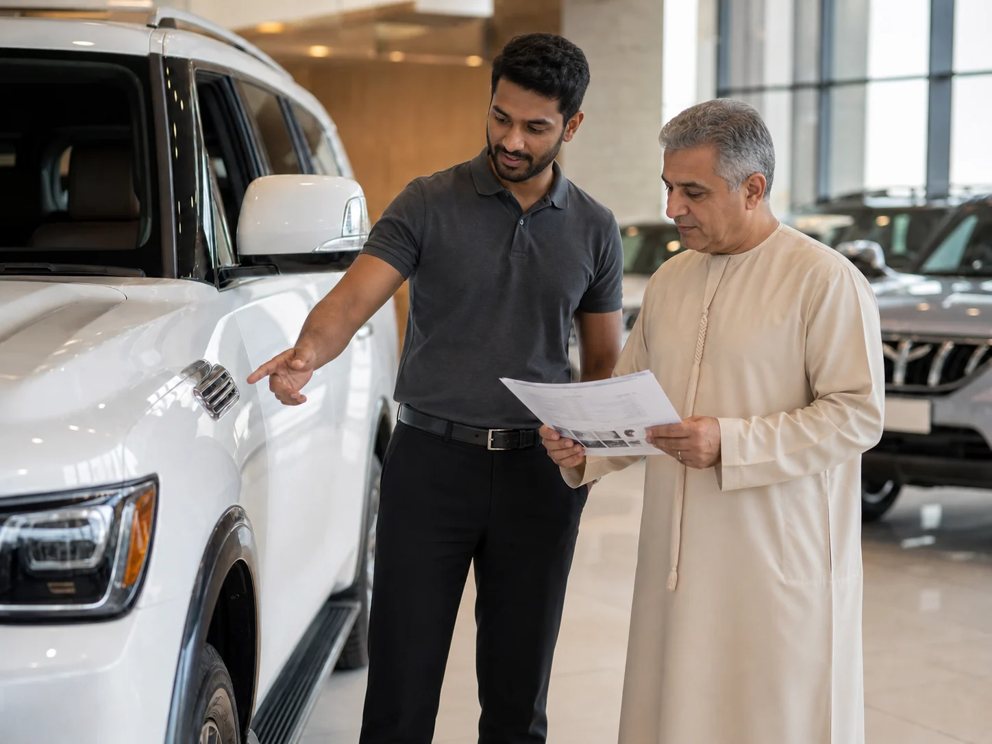 Automotive advisor discussing an SUV specification with a client